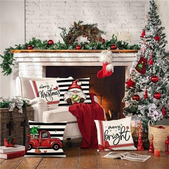 Set of 4 Christmas Decorations Winter Xmas Farmhouse Pillow Covers - Picture 5 of 7